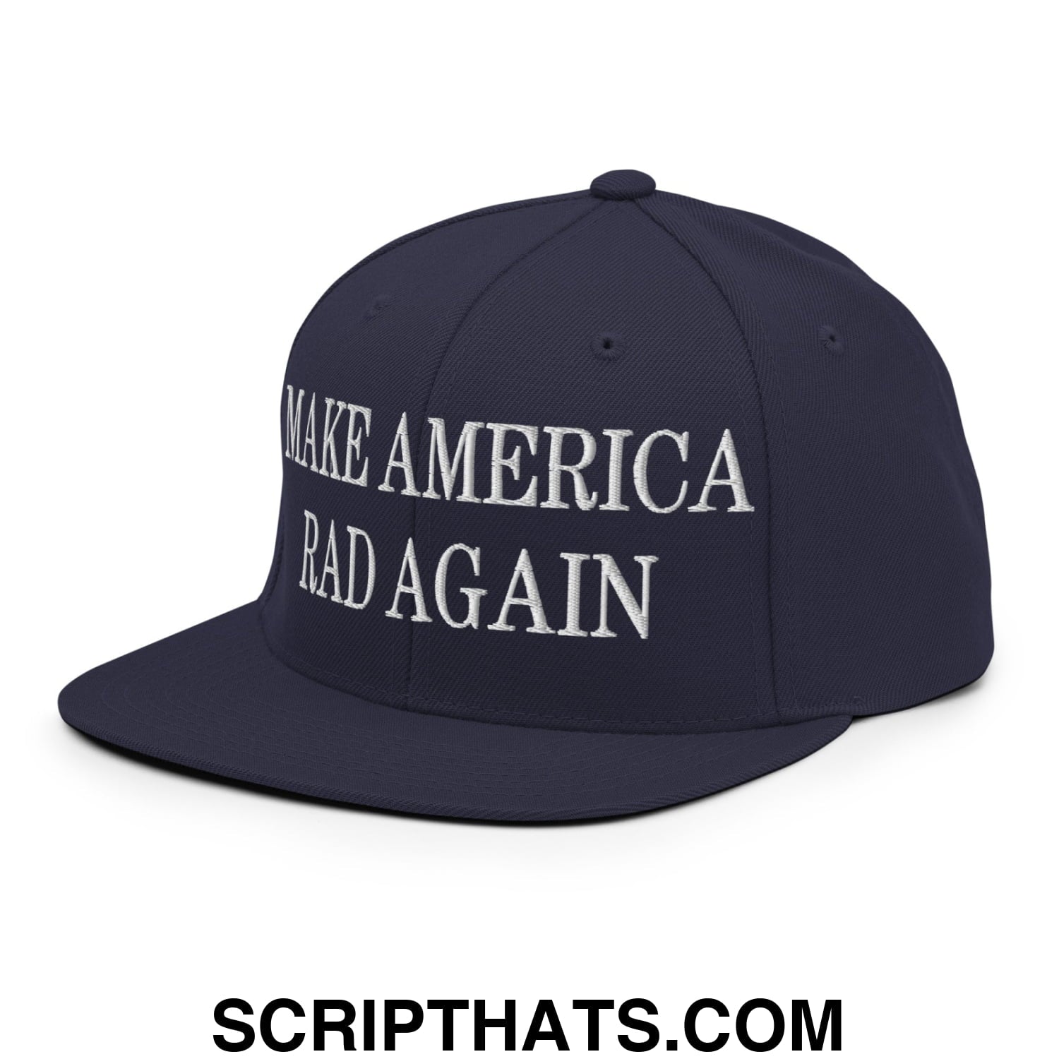 Navy blue snapback hat with white embroidered make America rad again text and flat bill brim design