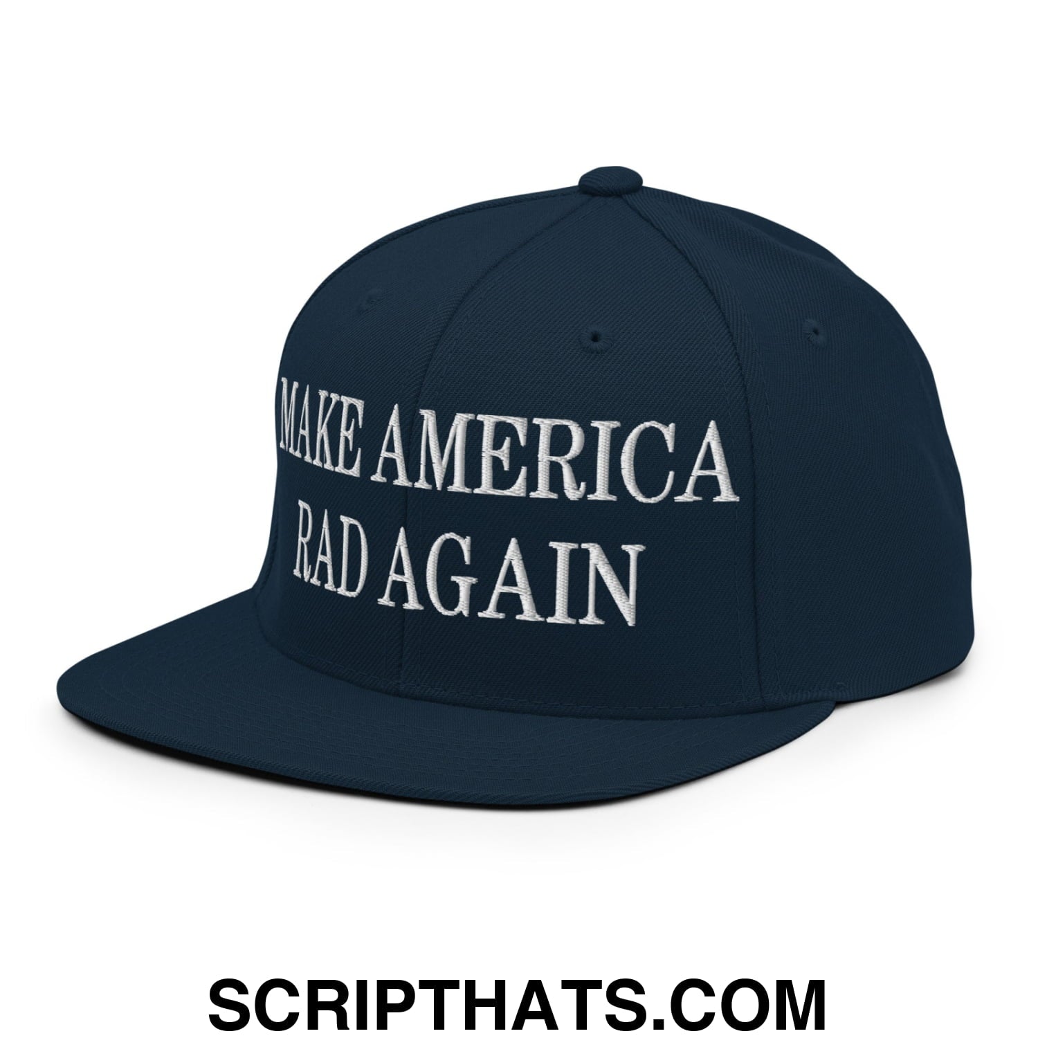 Dark navy blue snapback hat with white embroidered make america rad again text and flat bill brim