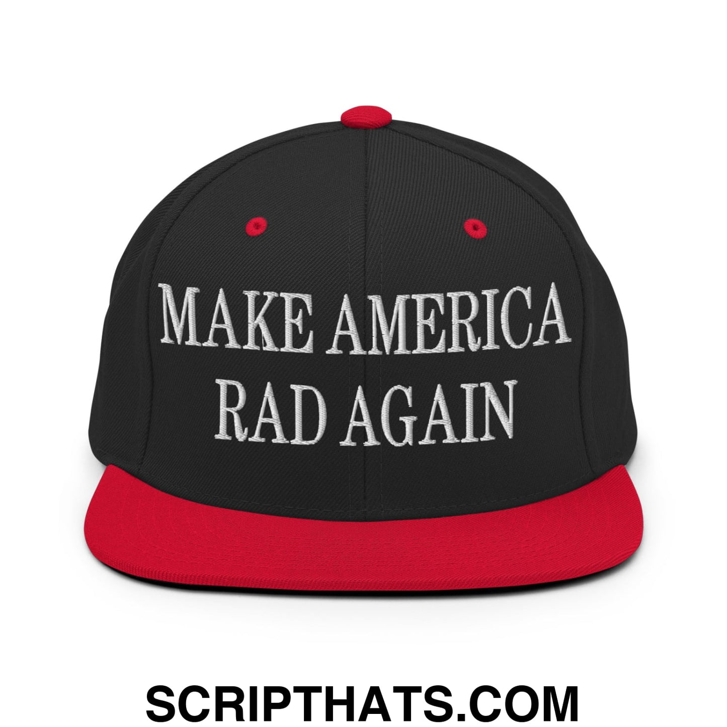 Black and red snapback hat with white embroidered make america rad again text and flat bill brim design