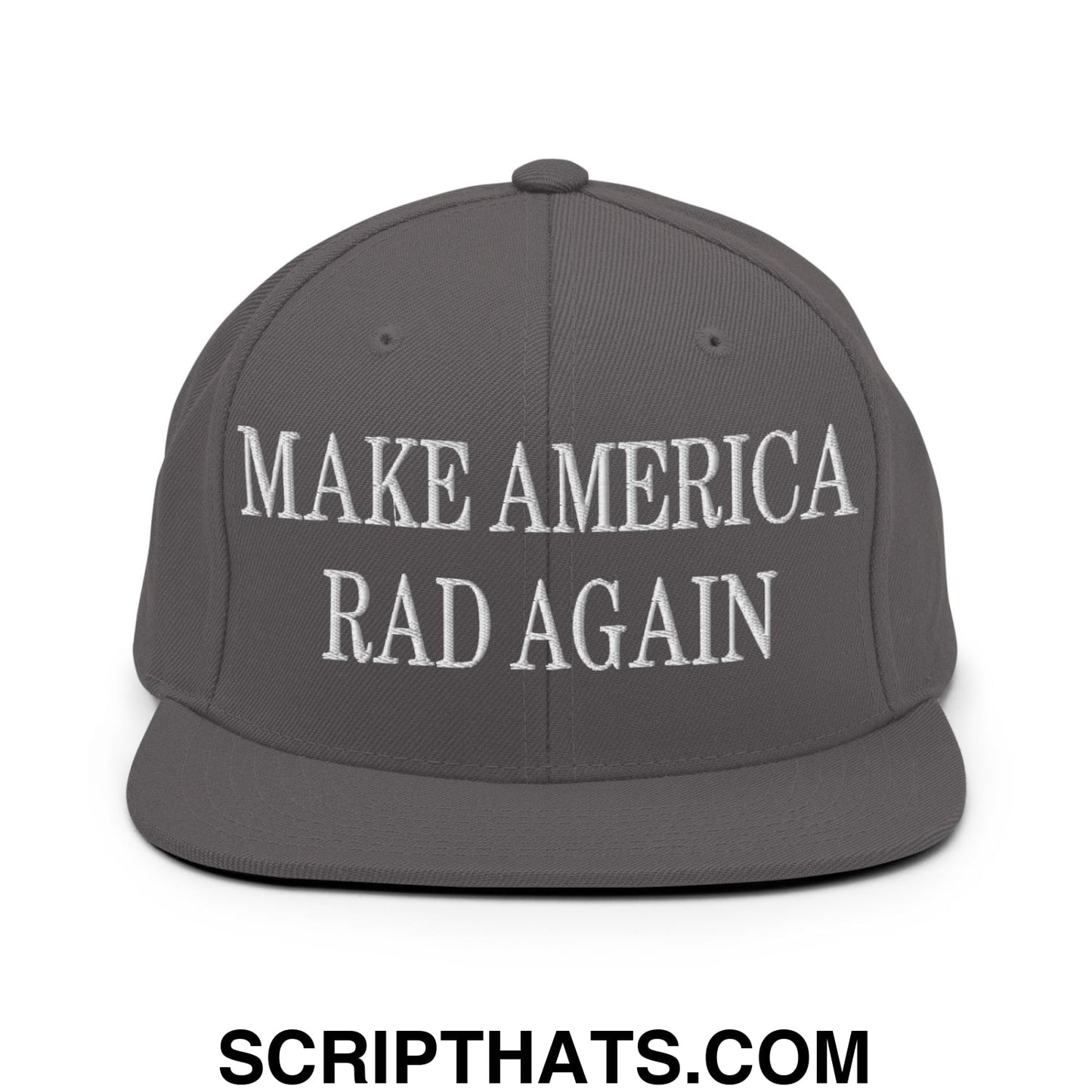 Gray snapback hat with white embroidered make America rad again text and flat bill brim for casual wear