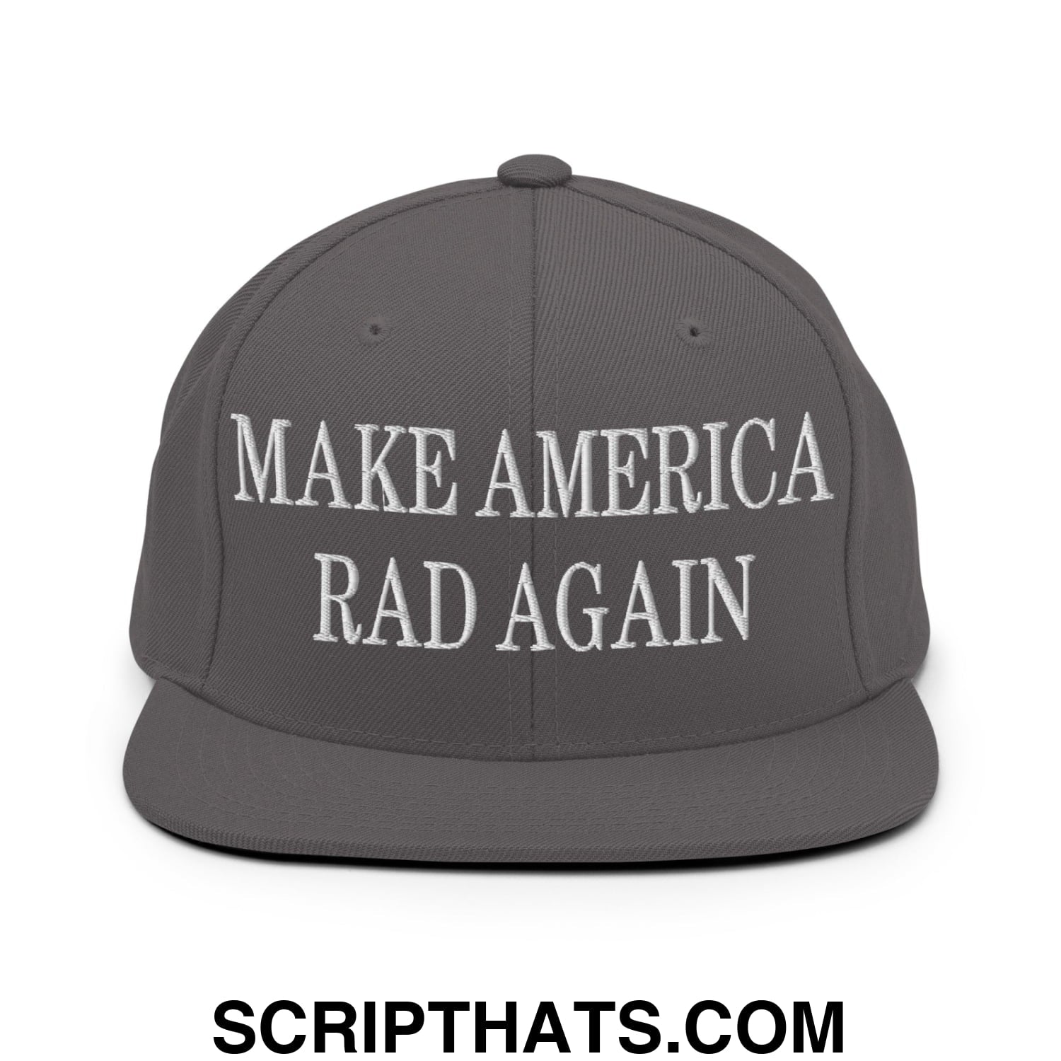 Gray snapback hat with white embroidered make America rad again text and flat bill brim for casual wear