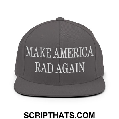Gray snapback hat with white embroidered make America rad again text and flat bill brim for casual wear
