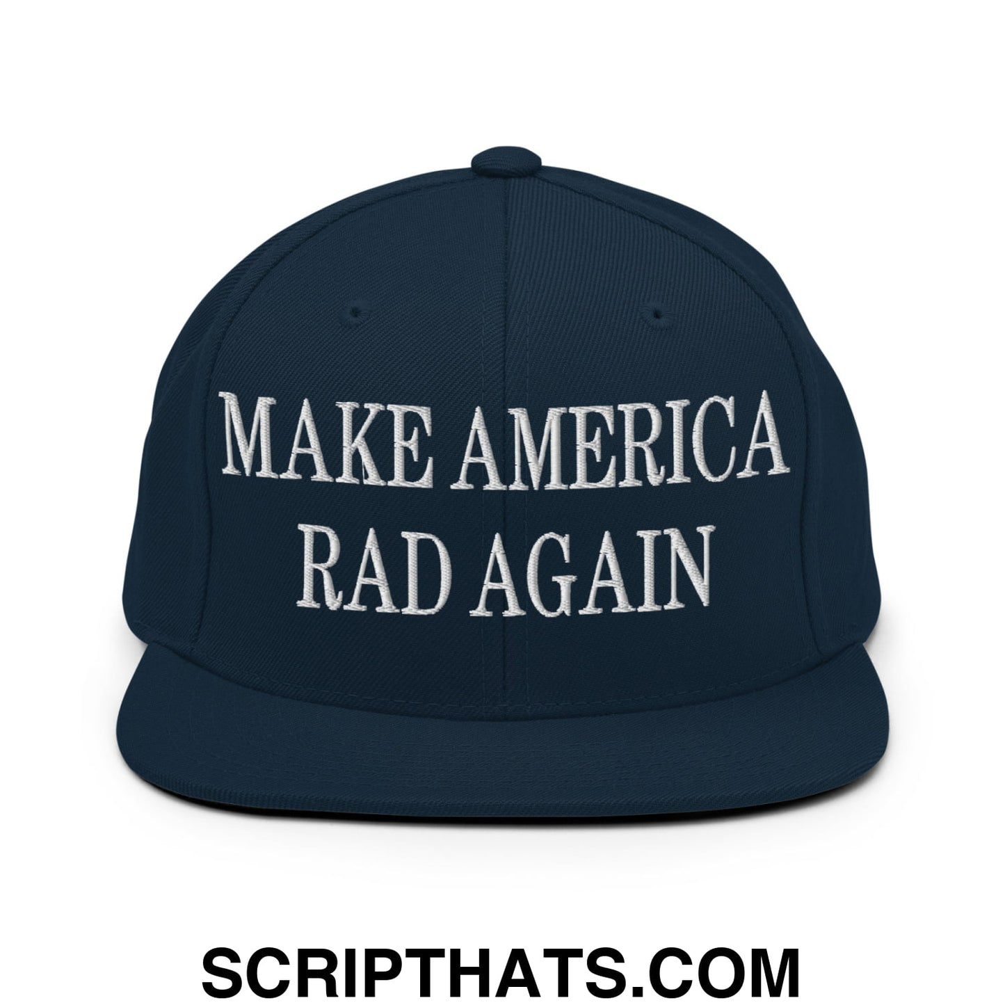 Navy blue snapback hat with white embroidered make america rad again text and flat bill brim for casual wear