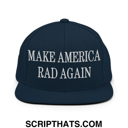 Navy blue snapback hat with white embroidered make america rad again text and flat bill brim for casual wear