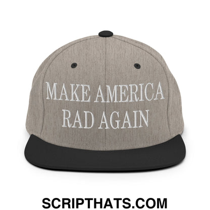 Gray heather snapback hat with black flat bill brim and white embroidered make America rad again text