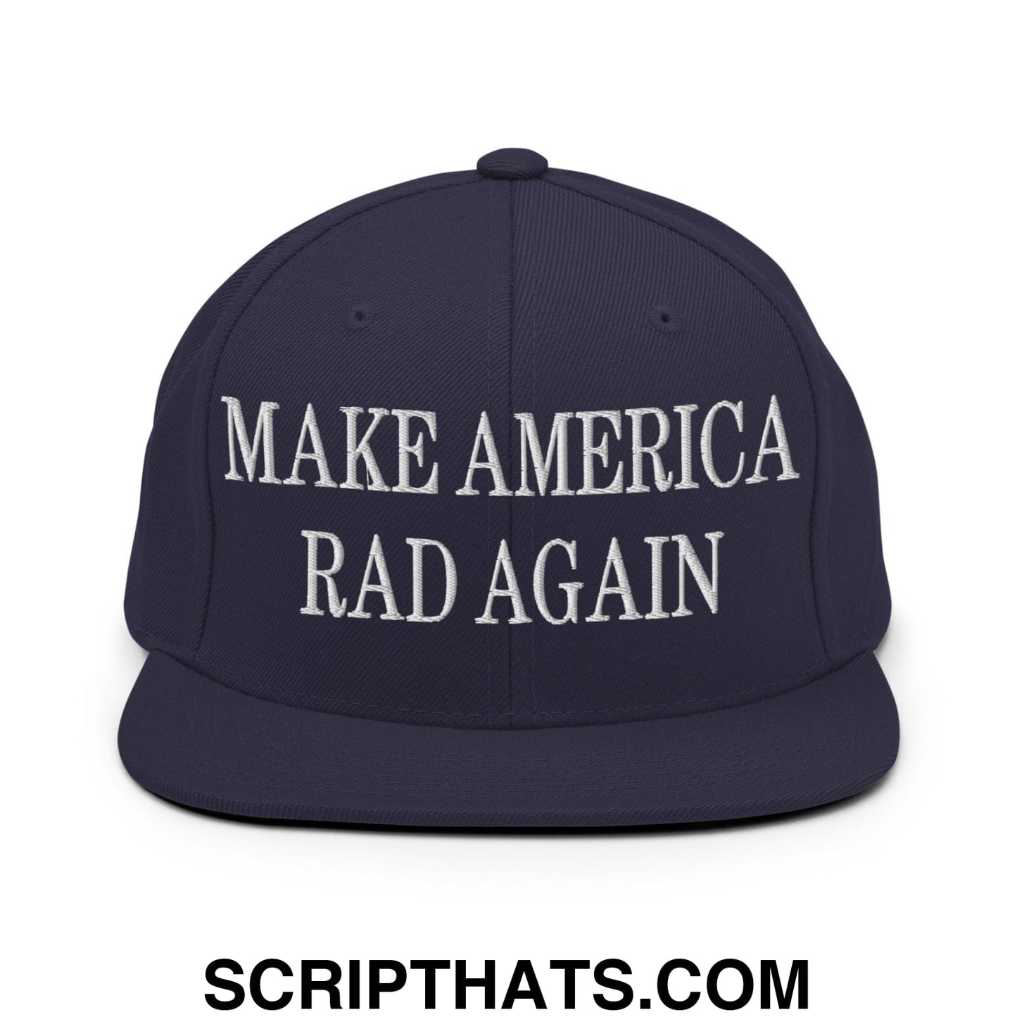 Navy blue flat bill brim snapback hat with white embroidered make america rad again text