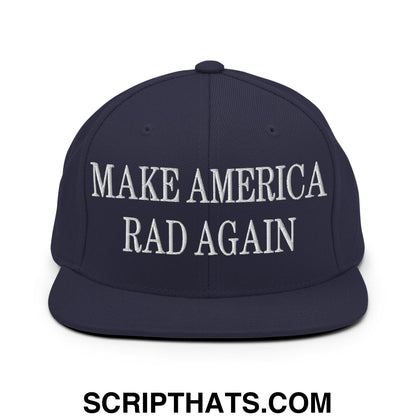 Navy blue flat bill brim snapback hat with white embroidered make america rad again text