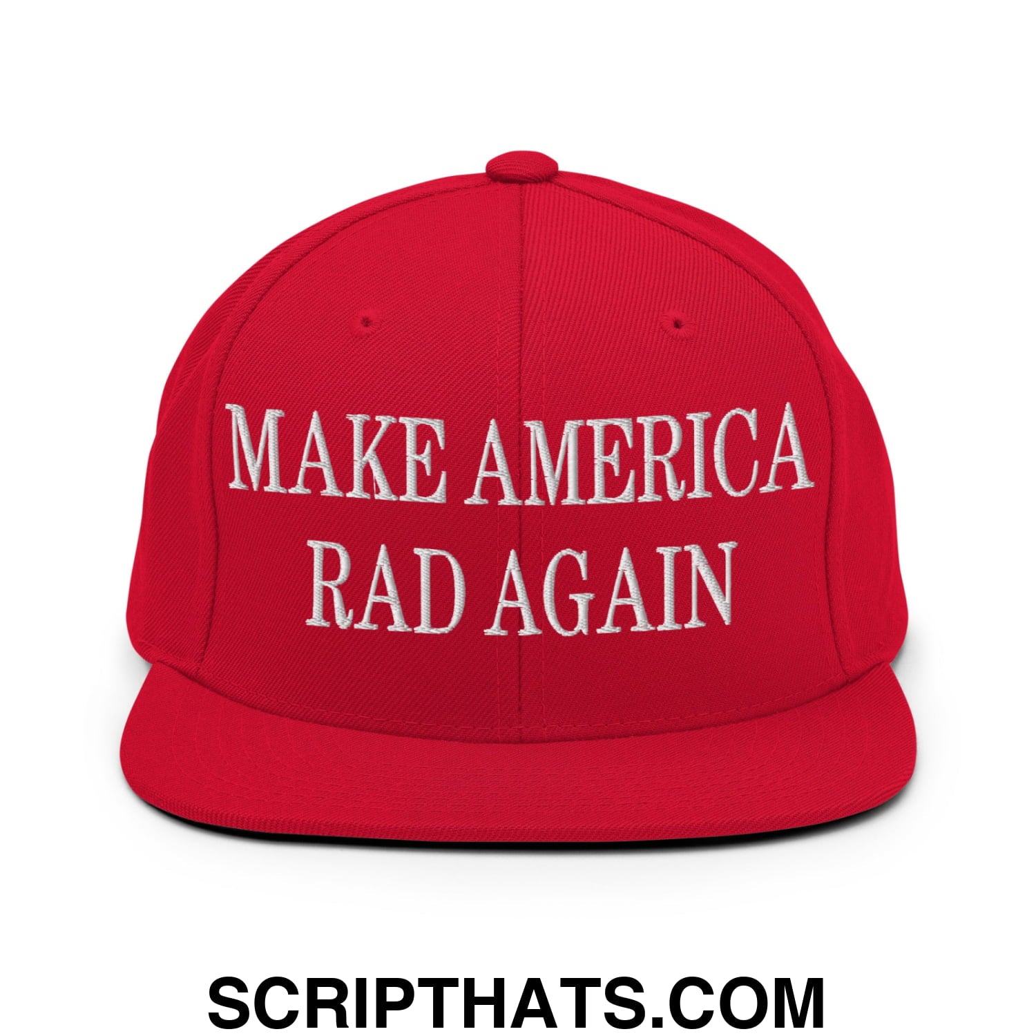 Red snapback cap with white embroidered make america rad again text on flat bill brim snapback hat