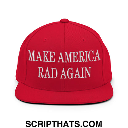 Red snapback cap with white embroidered make america rad again text on flat bill brim snapback hat