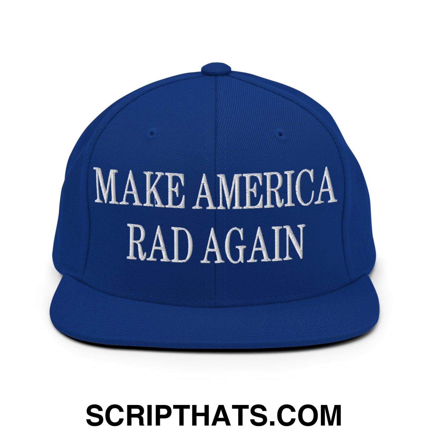 Royal blue snapback hat with white embroidered make America rad again text and flat bill brim design