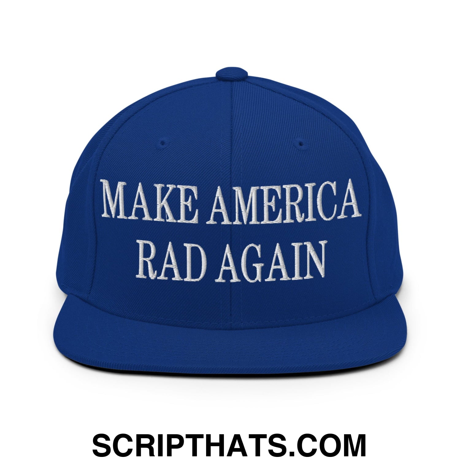 Royal blue snapback hat with white embroidered make America rad again text and flat bill brim design