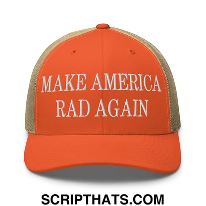 Orange and beige mesh trucker hat with white embroidered make america rad again text