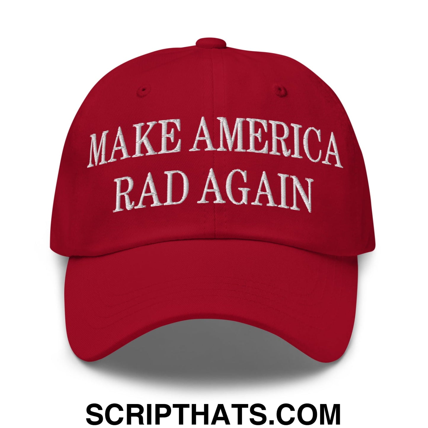 Red embroidered make america rad again unstructured dad hat with white text perfect for casual wear