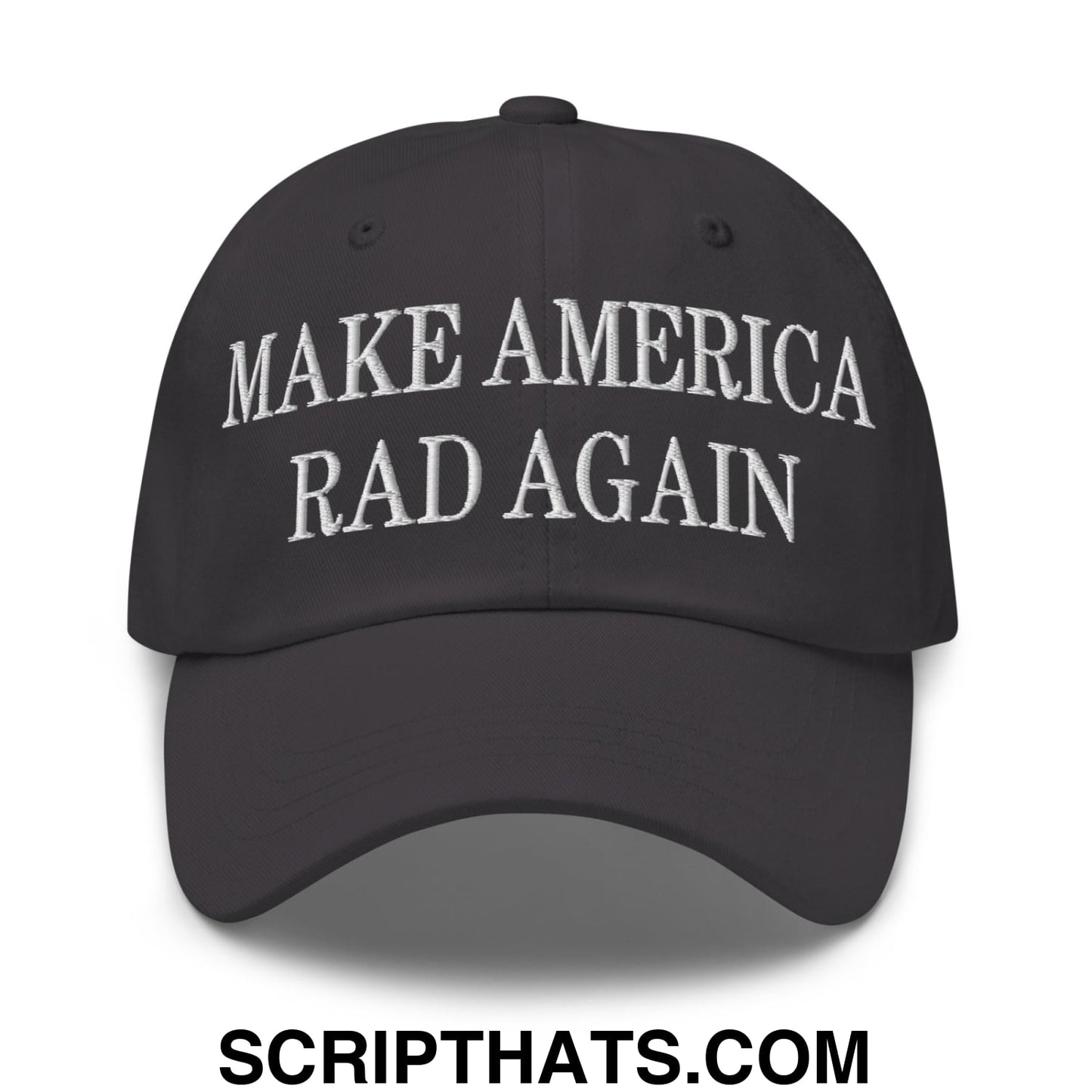 Black embroidered make america rad again unstructured dad hat with white text for casual wear