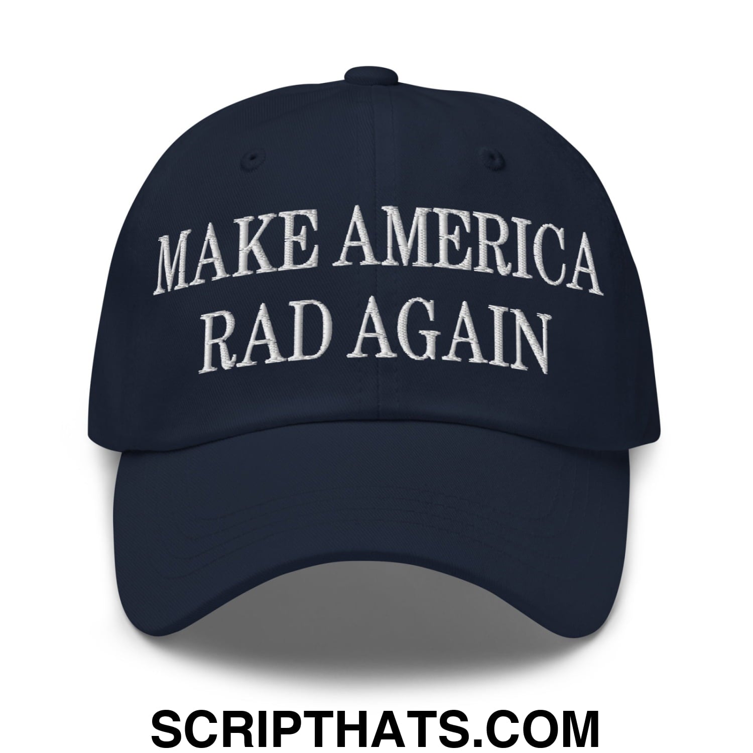 Navy blue unstructured dad hat with white embroidered make America rad again text for casual wear