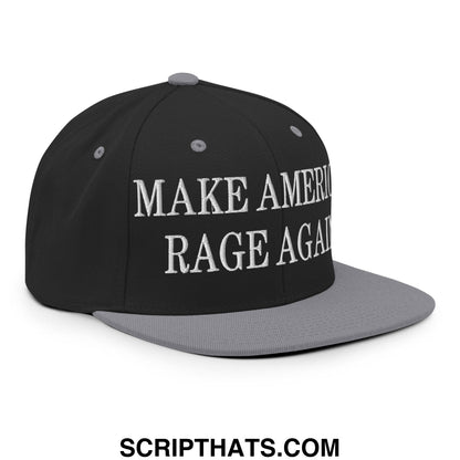 Black and gray snapback hat with white embroidered make america rage again text and flat bill brim design