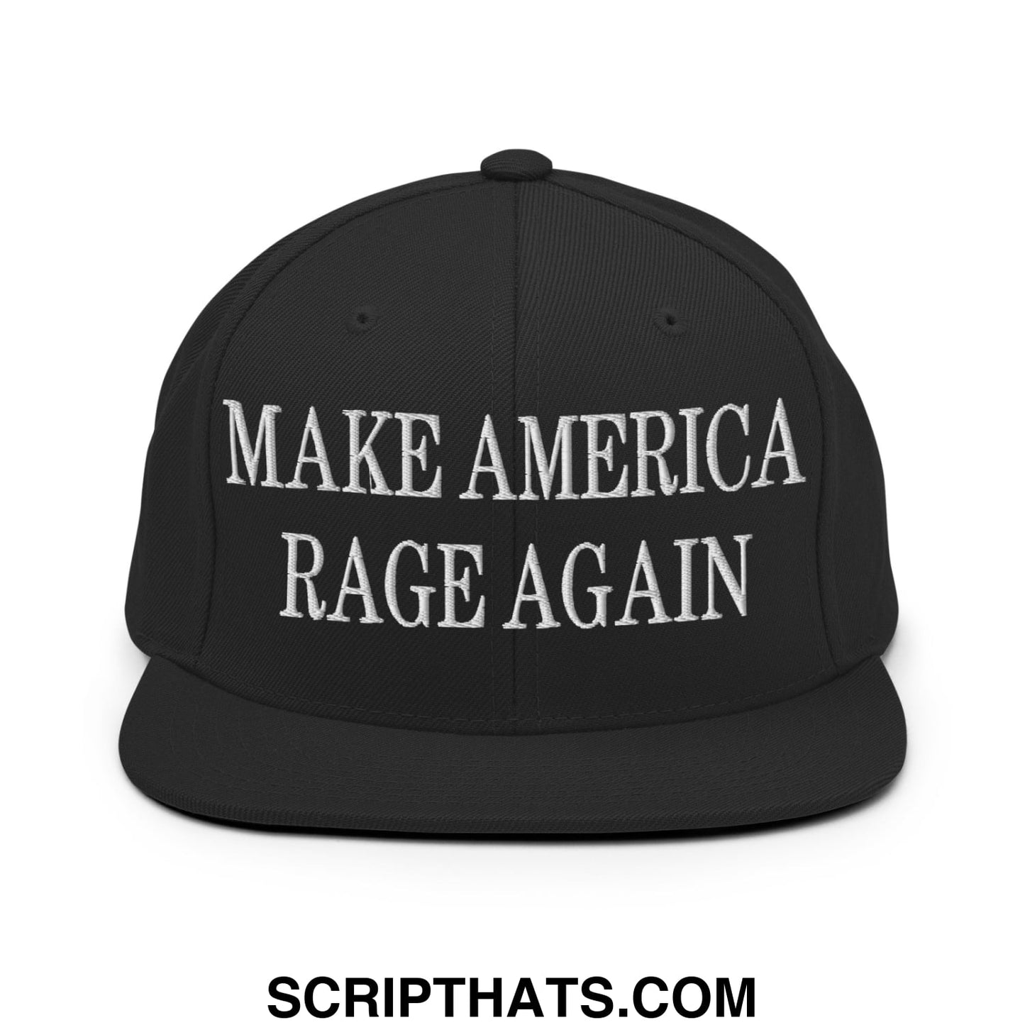 Black snapback cap with white embroidered make america rage again text and flat bill brim for casual wear