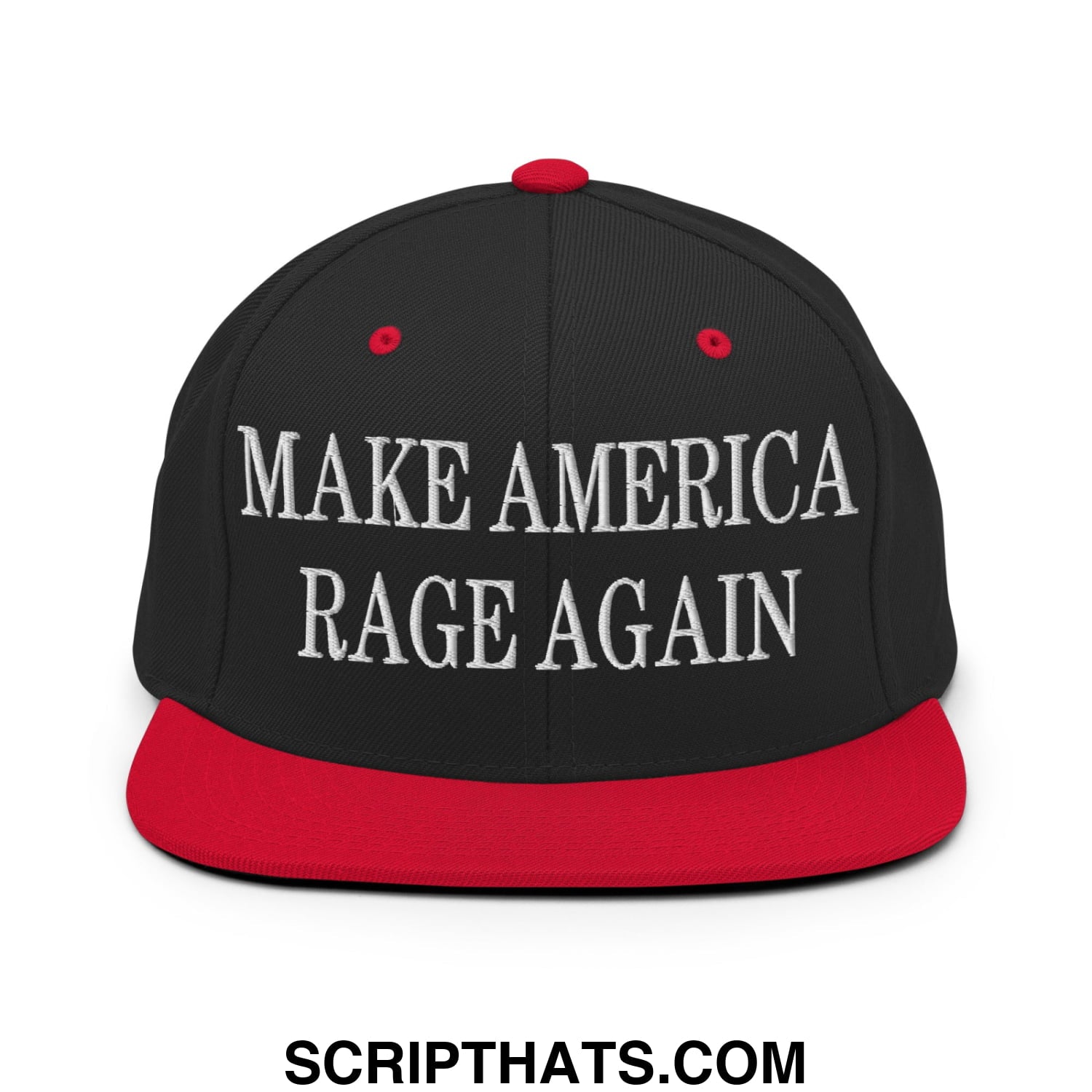 Black and red snapback hat with white embroidered make america rage again text and flat bill brim