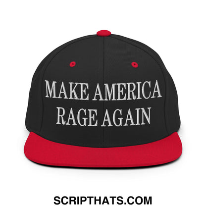 Black and red snapback hat with white embroidered make america rage again text and flat bill brim