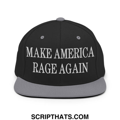 Black snapback cap with gray brim and white embroidered text reading make america rage again flat bill brim snapback hat