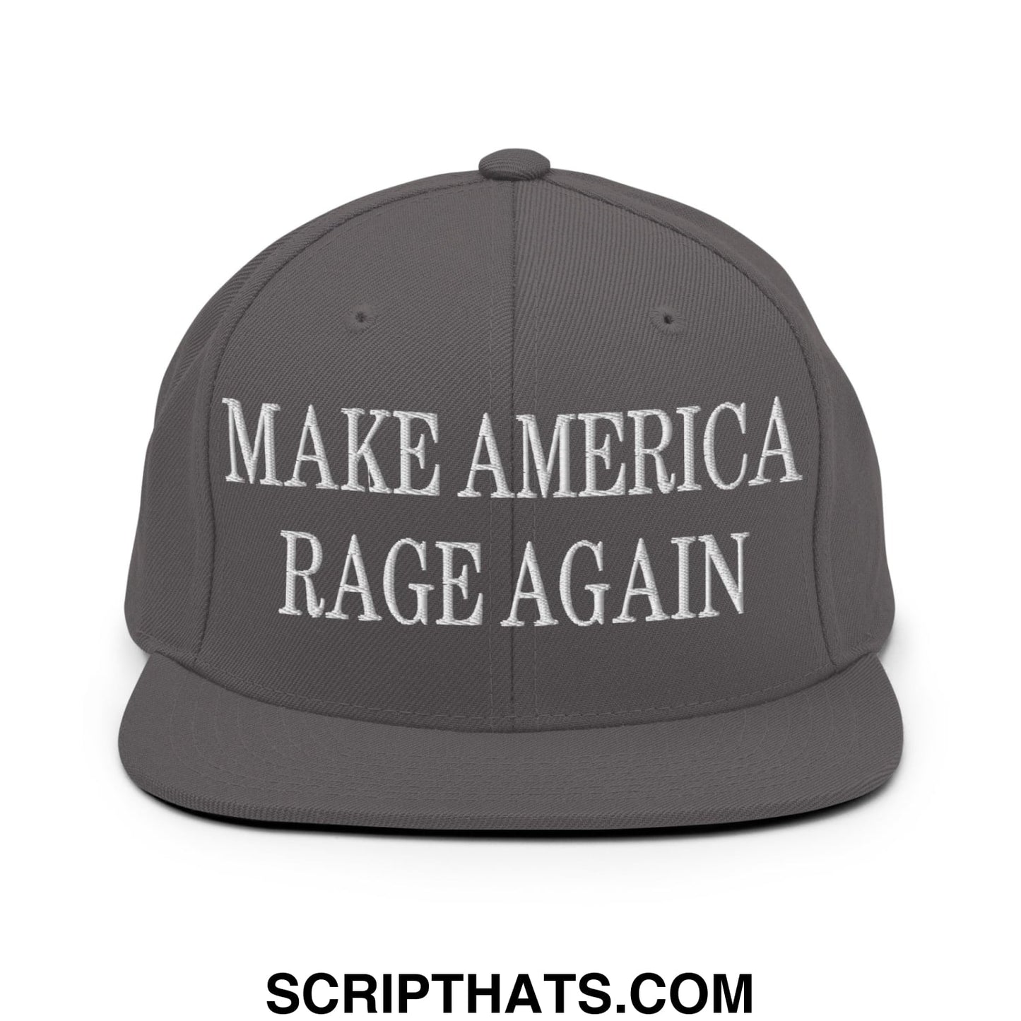 Gray snapback cap with white embroidered make america rage again text and flat bill brim for casual wear