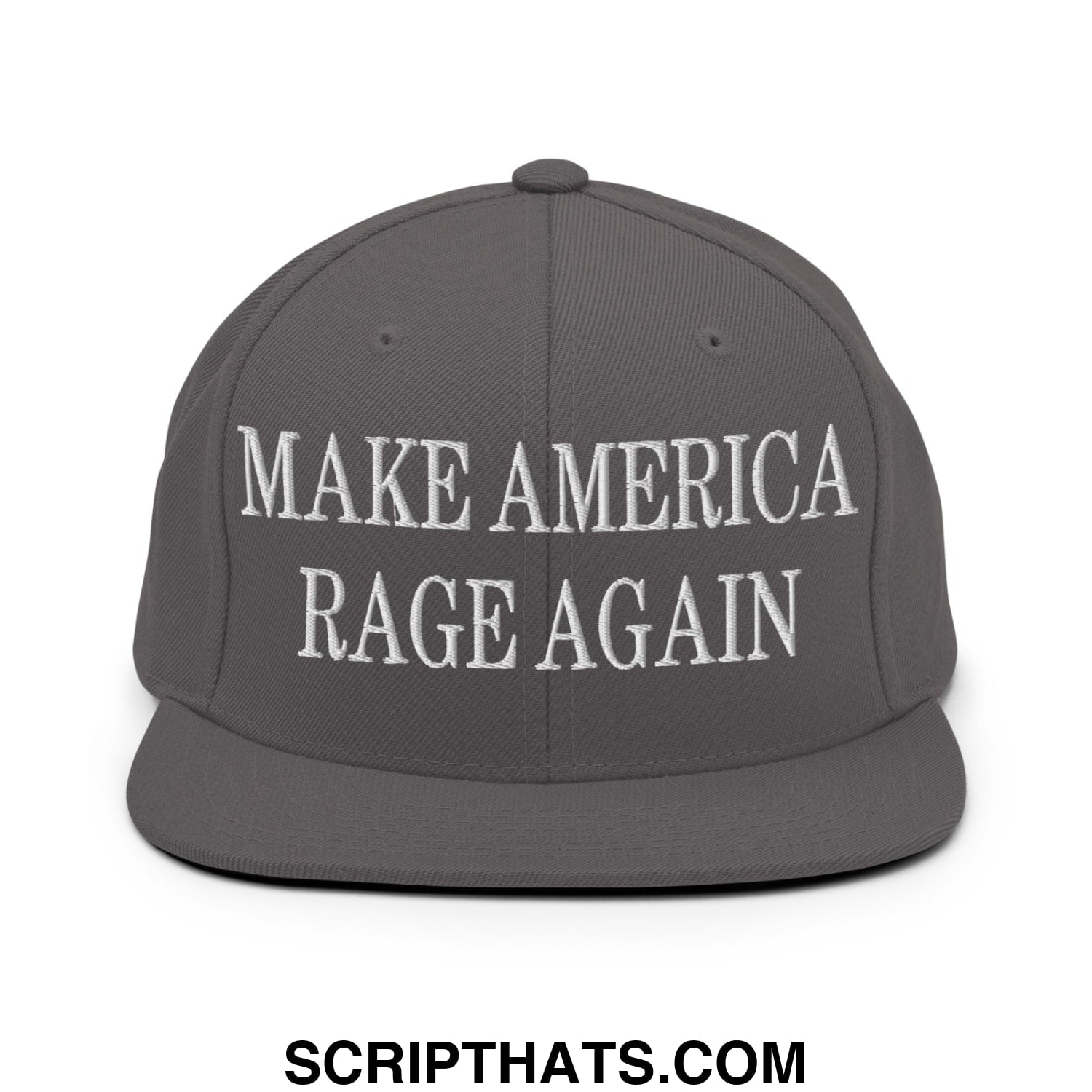 Gray snapback cap with white embroidered make america rage again text and flat bill brim for casual wear