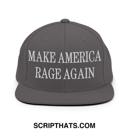 Gray snapback cap with white embroidered make america rage again text and flat bill brim for casual wear