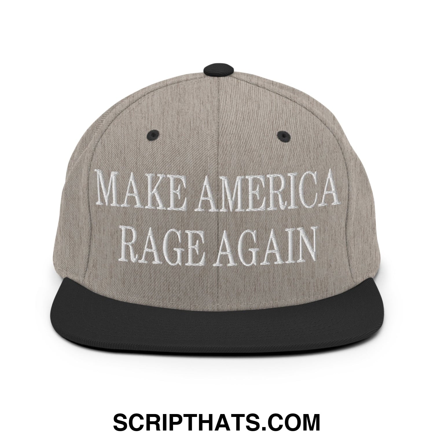 Gray and black embroidered flat bill snapback hat with white make america rage again text on the front
