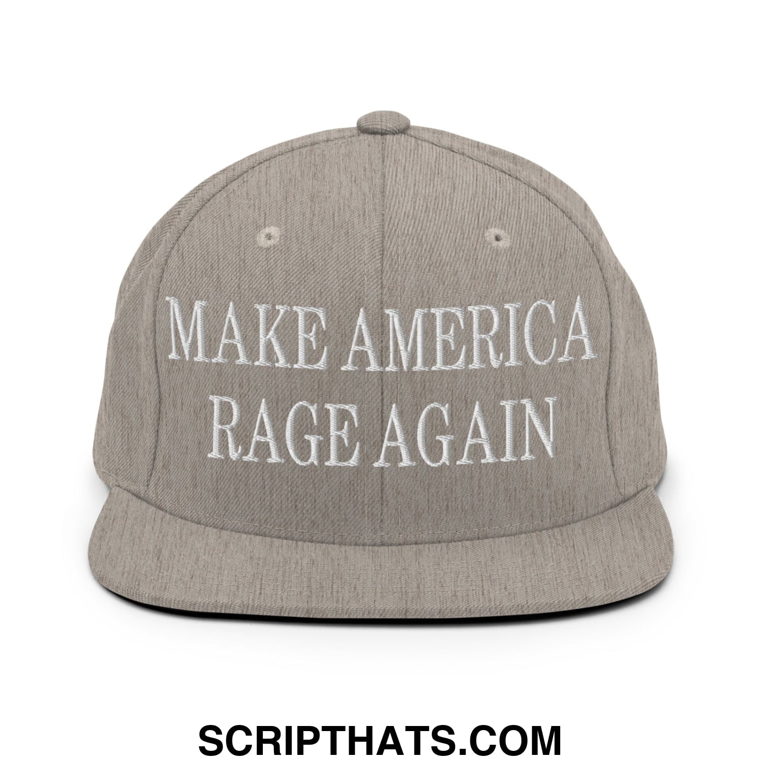Gray snapback hat with white embroidered make america rage again text and flat bill brim design