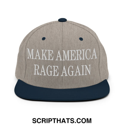 A beige and navy blue embroidered flat bill brim snapback hat with white text reading make America rage again