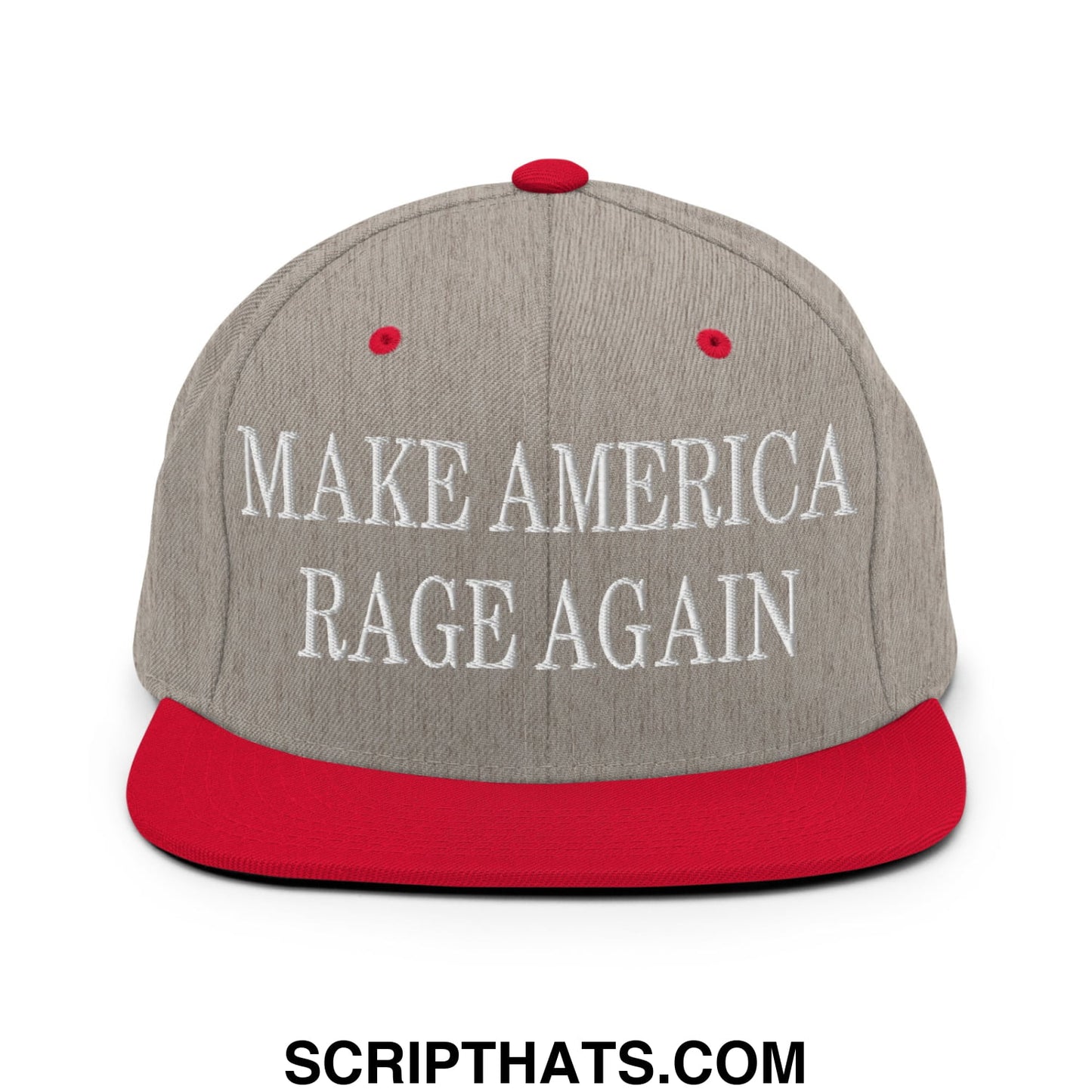 Gray and red snapback hat with white embroidered make america rage again text and flat bill brim design