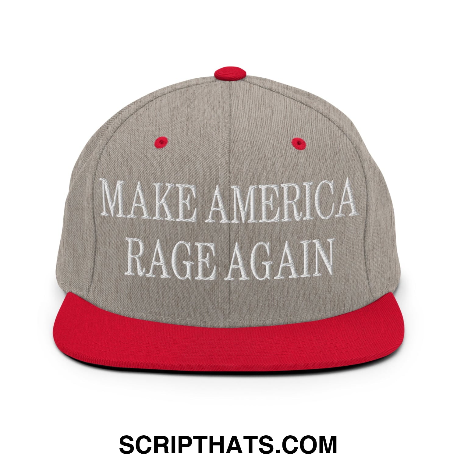 Gray and red snapback hat with white embroidered make america rage again text and flat bill brim design