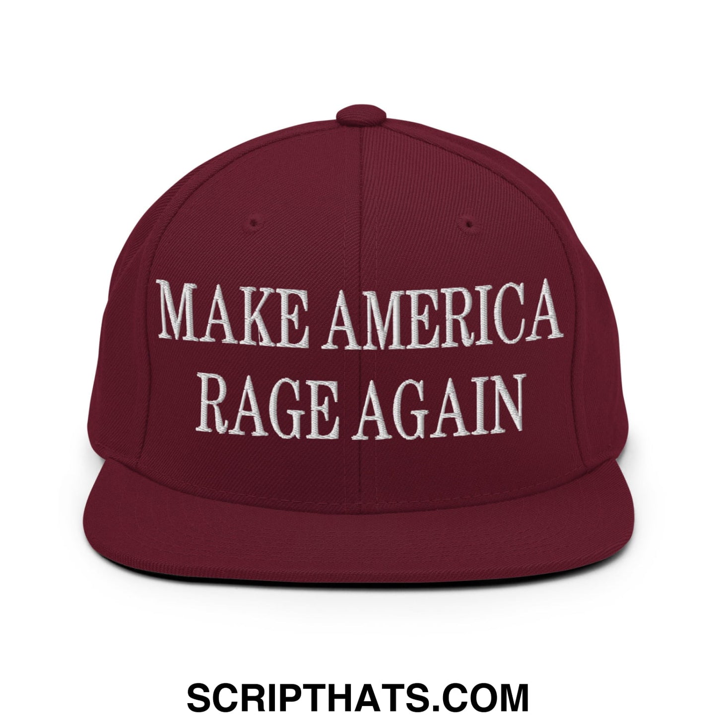Maroon flat bill snapback hat with white embroidered make america rage again text for casual wear