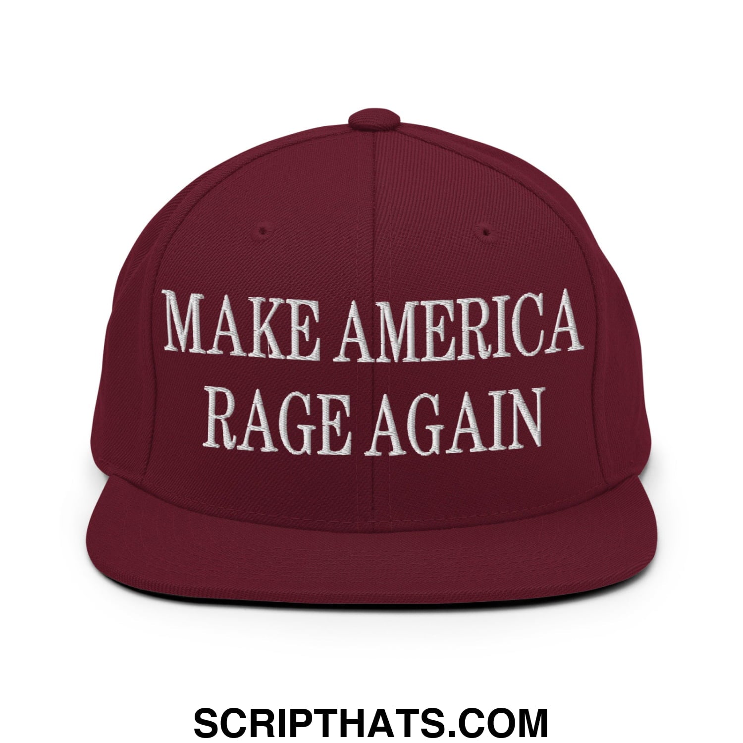 Maroon flat bill snapback hat with white embroidered make america rage again text for casual wear