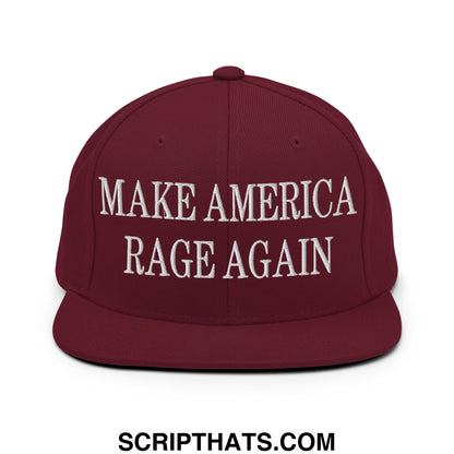 Maroon flat bill snapback hat with white embroidered make america rage again text for casual wear