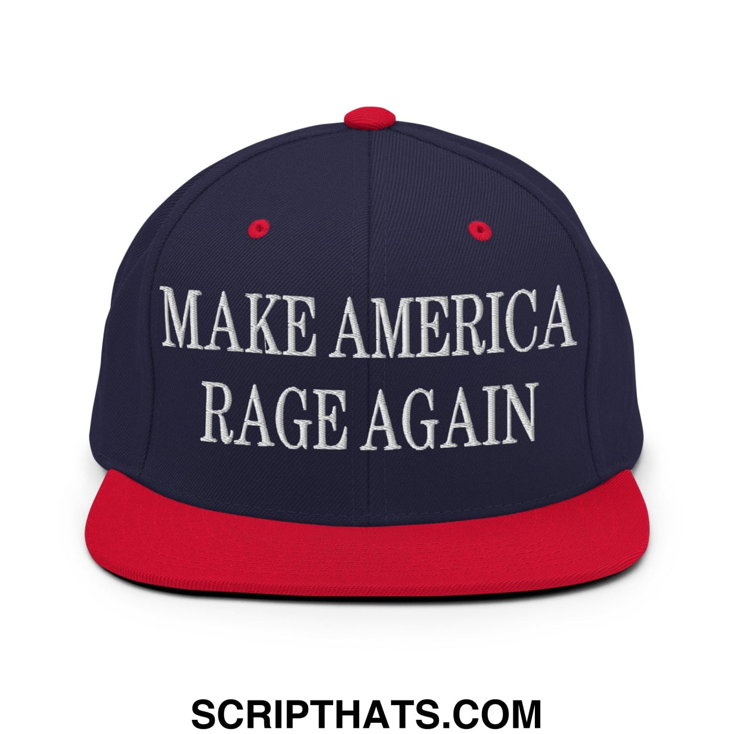 Navy blue and red flat bill brim snapback hat with white embroidered make America rage again text