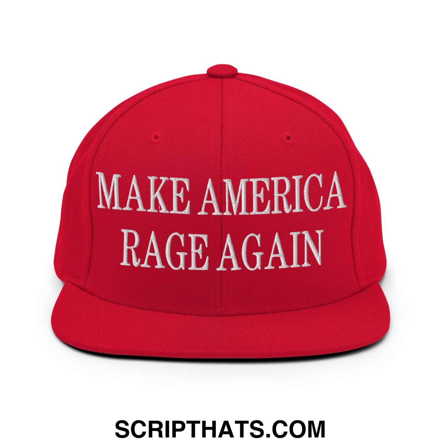Red snapback cap with white embroidered make america rage again text and flat bill brim for casual wear