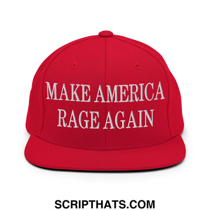 Red snapback cap with white embroidered make america rage again text and flat bill brim for casual wear