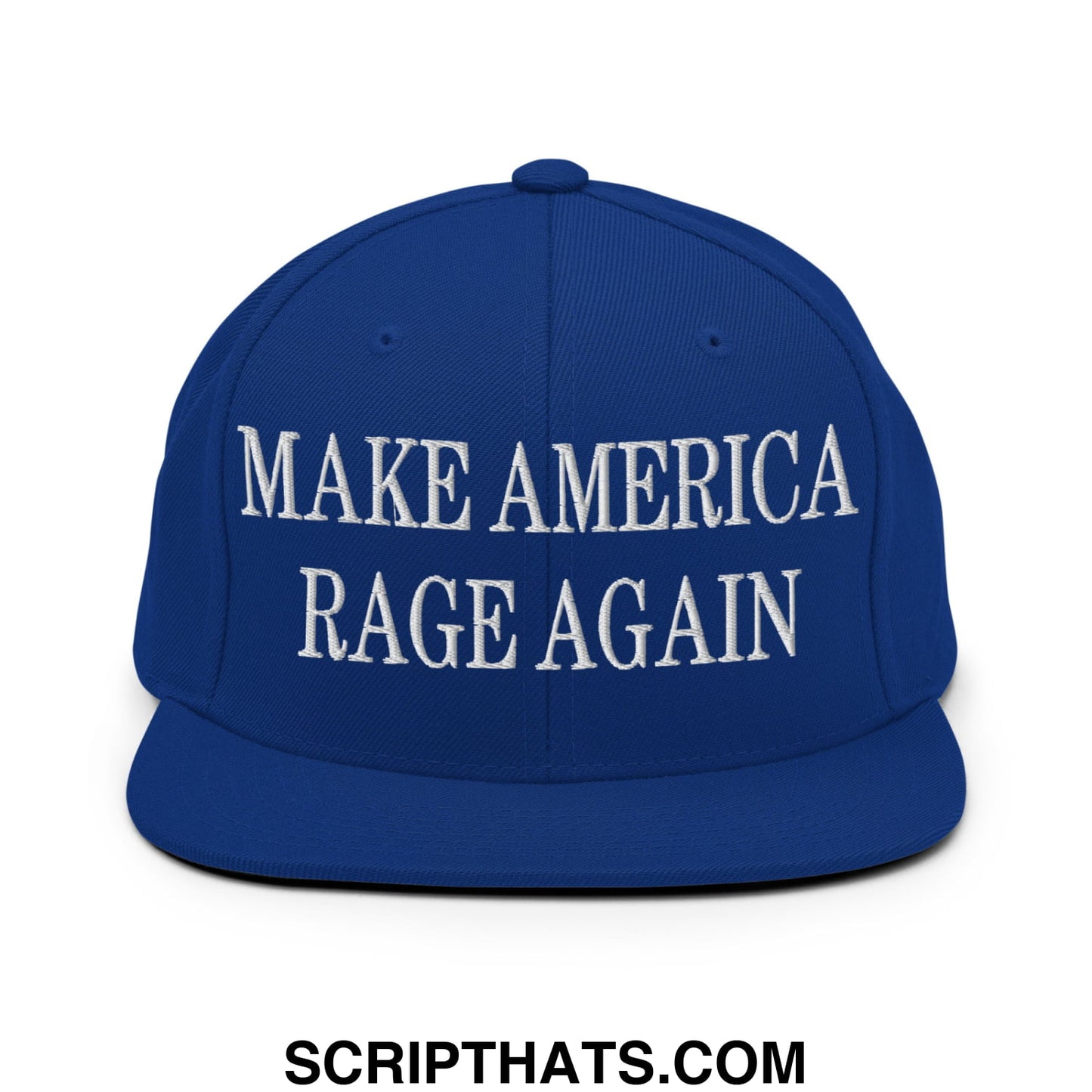 Royal blue snapback hat with white embroidered make America rage again text and flat bill brim design