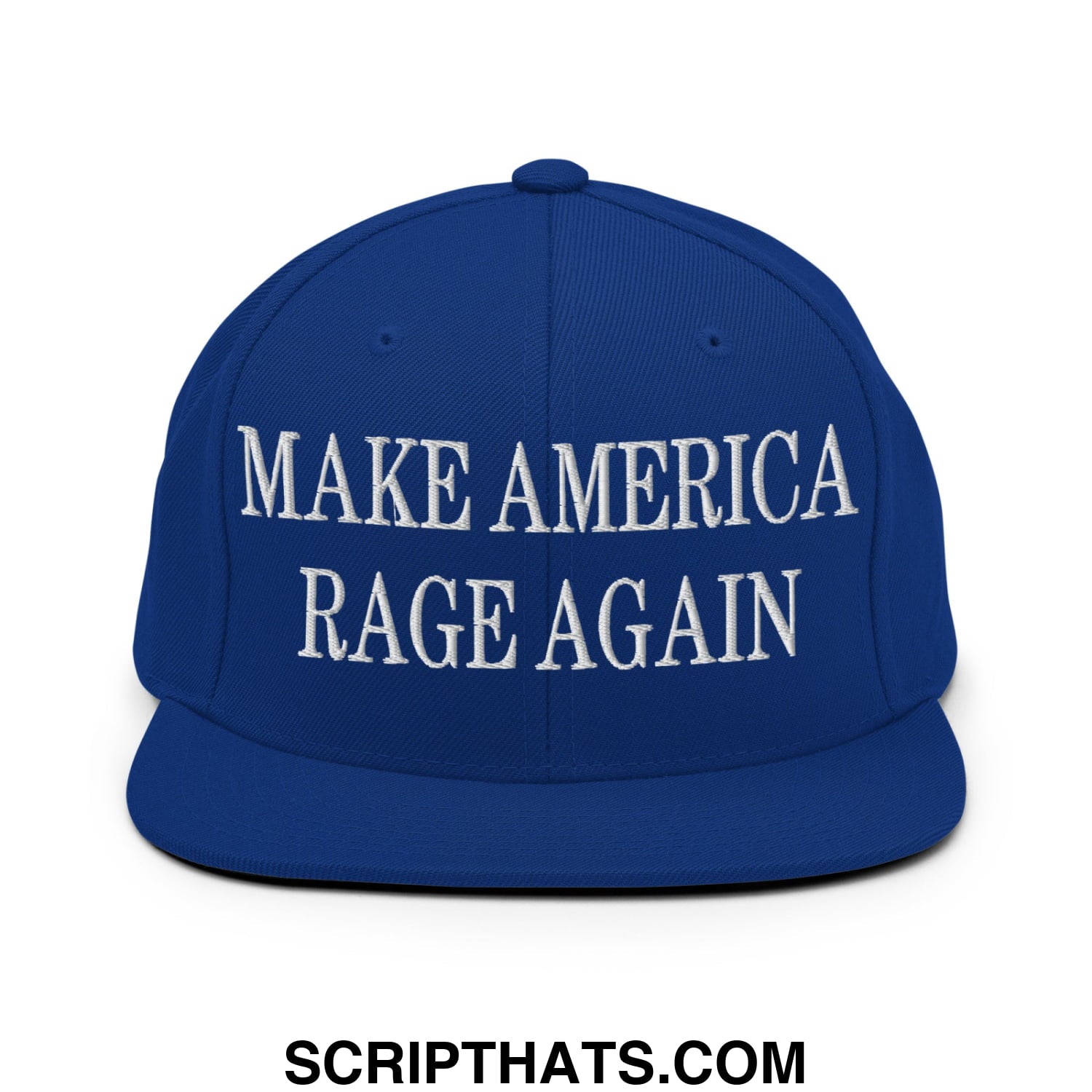 Royal blue snapback hat with white embroidered make America rage again text and flat bill brim design