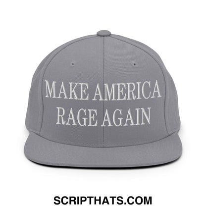 Gray snapback cap with white embroidered make america rage again text and flat bill brim style