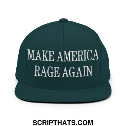 Dark green snapback cap with white embroidered text make America rage again and flat bill brim design