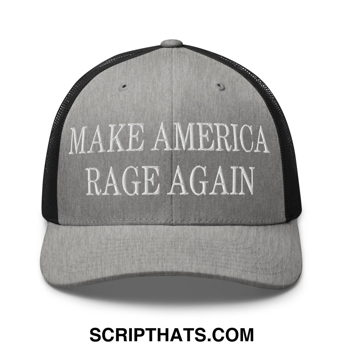 Gray Make America Rage Again embroidered mesh trucker hat with black mesh back panel and white text on front