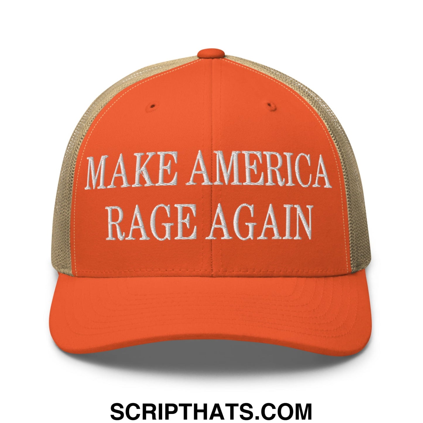 Orange and beige embroidered mesh trucker hat with white make america rage again text and adjustable back strap