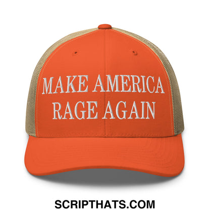 Orange and beige embroidered mesh trucker hat with white make america rage again text and adjustable back strap