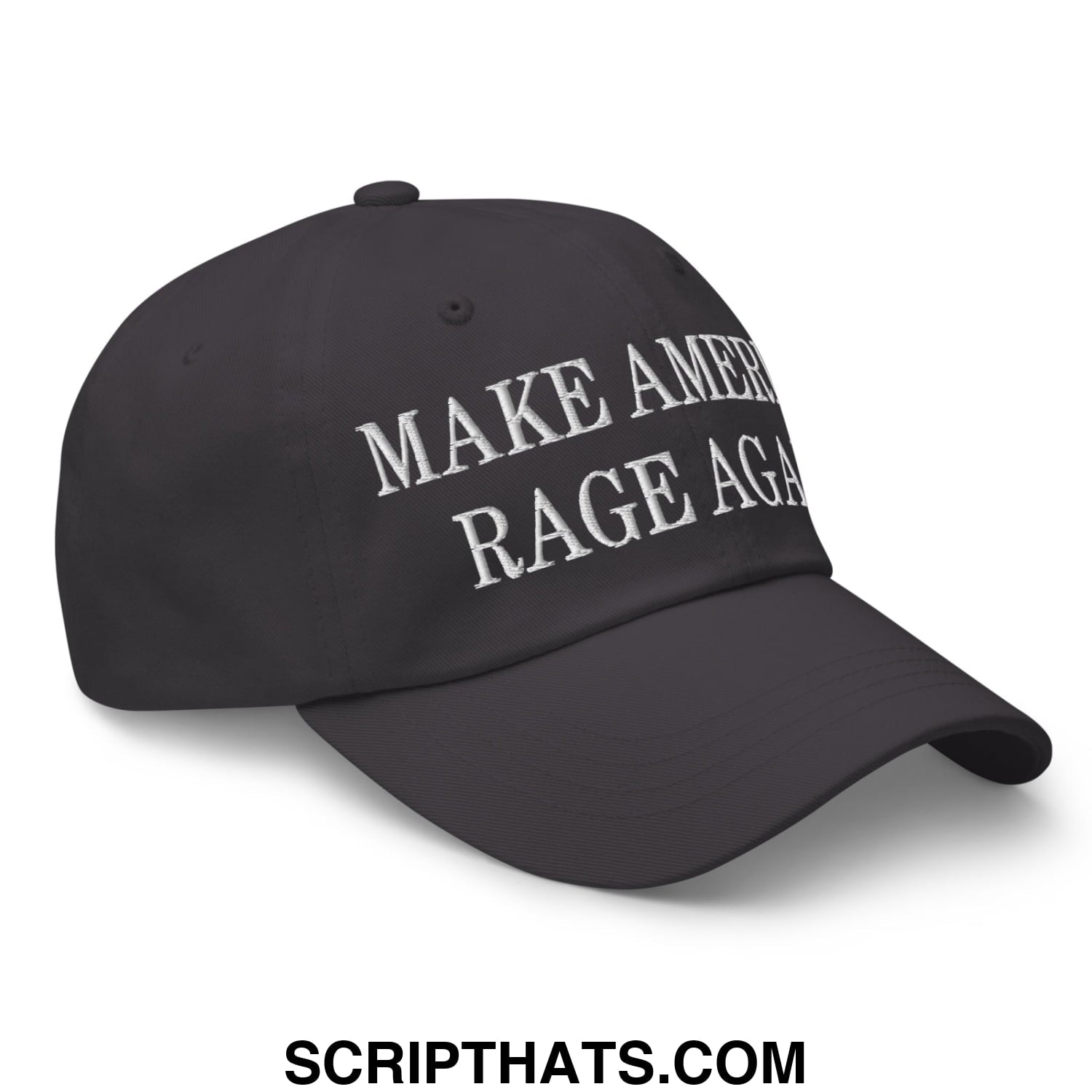 Black unstructured dad hat with white embroidered text make america rage again in an embroidered design