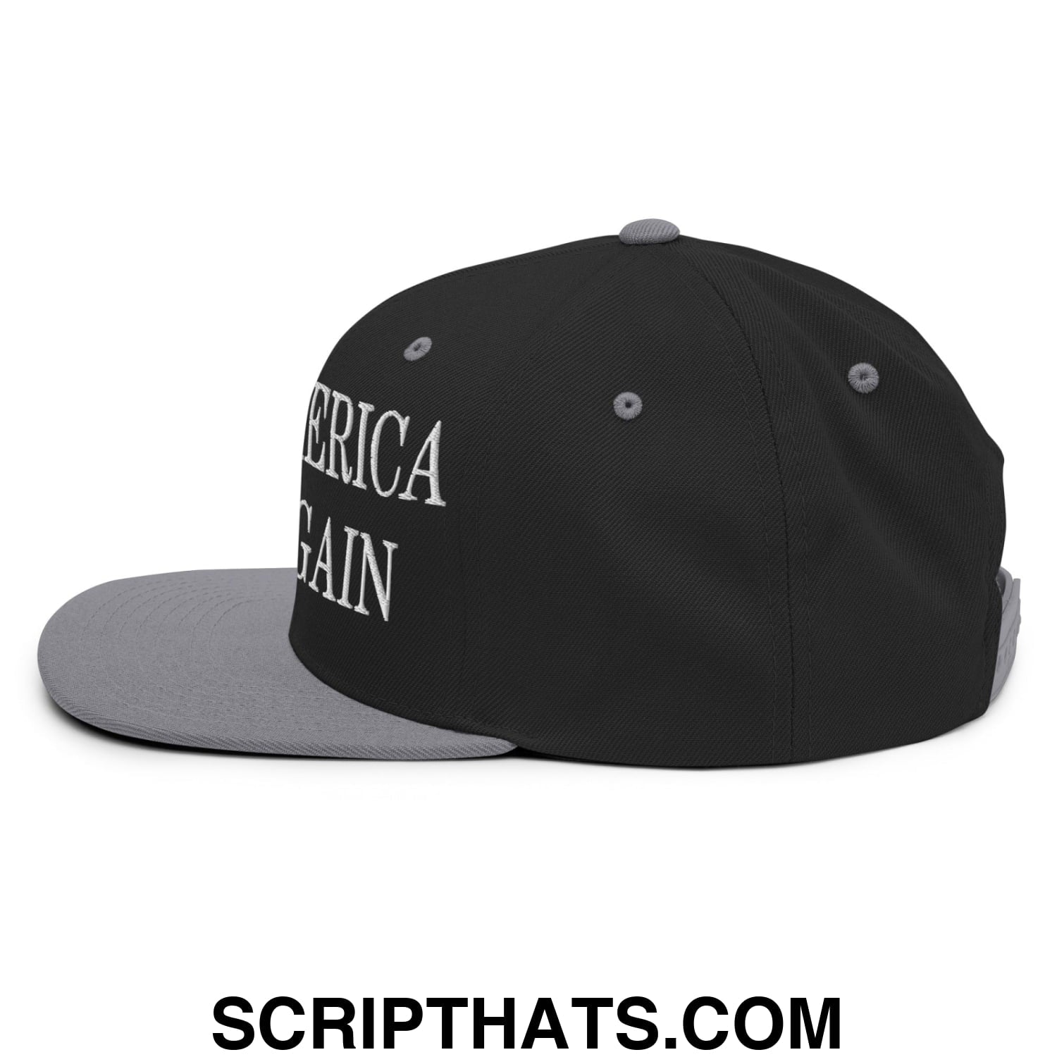 Black and gray snapback cap with america again embroidered in white script featuring a flat bill brim design
