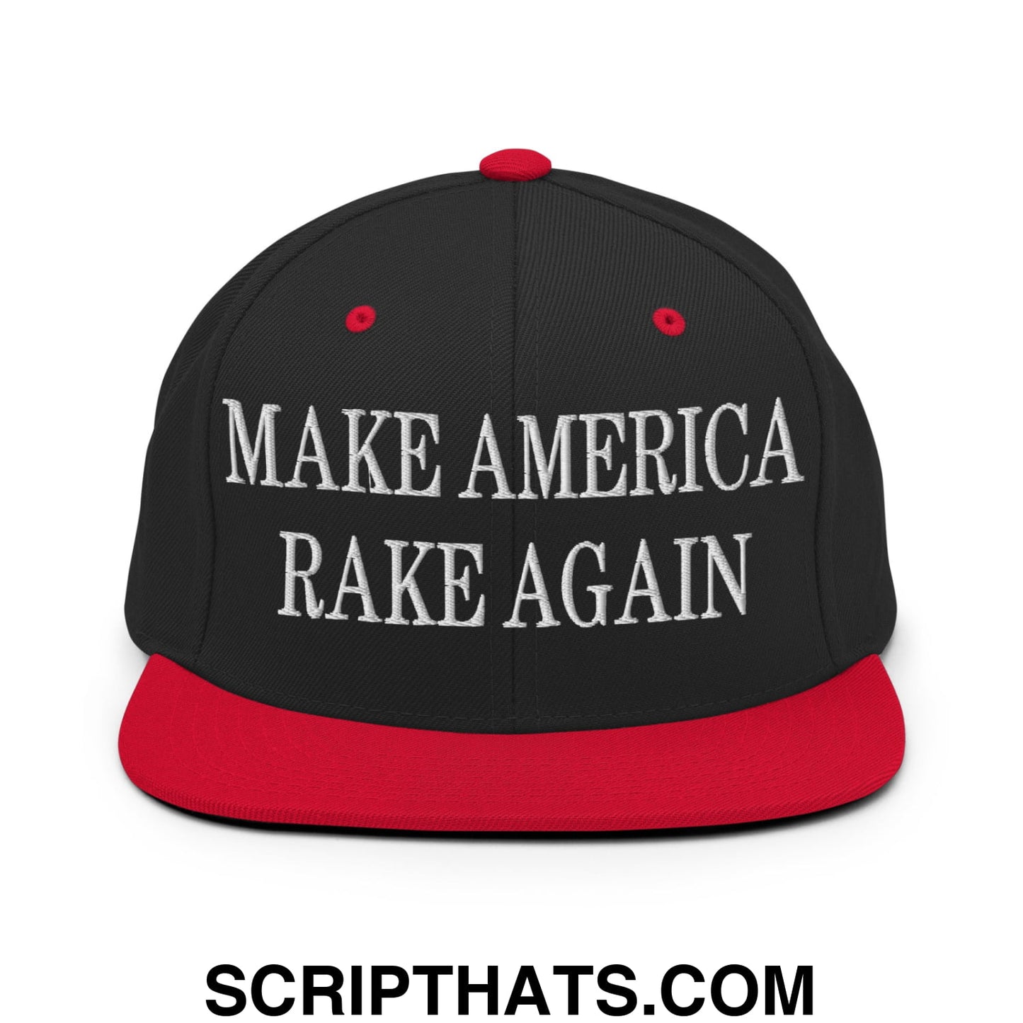 Black snapback cap with red brim and button featuring white embroidered make america rake again text