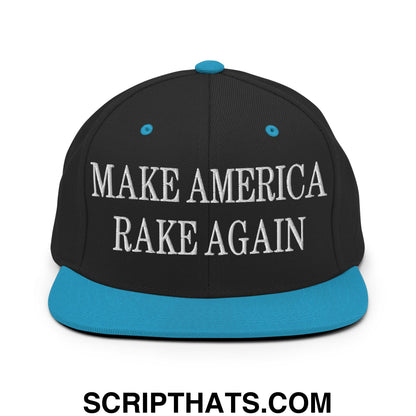 Black snapback hat with teal brim and embroidered white text make america rake again flat bill design