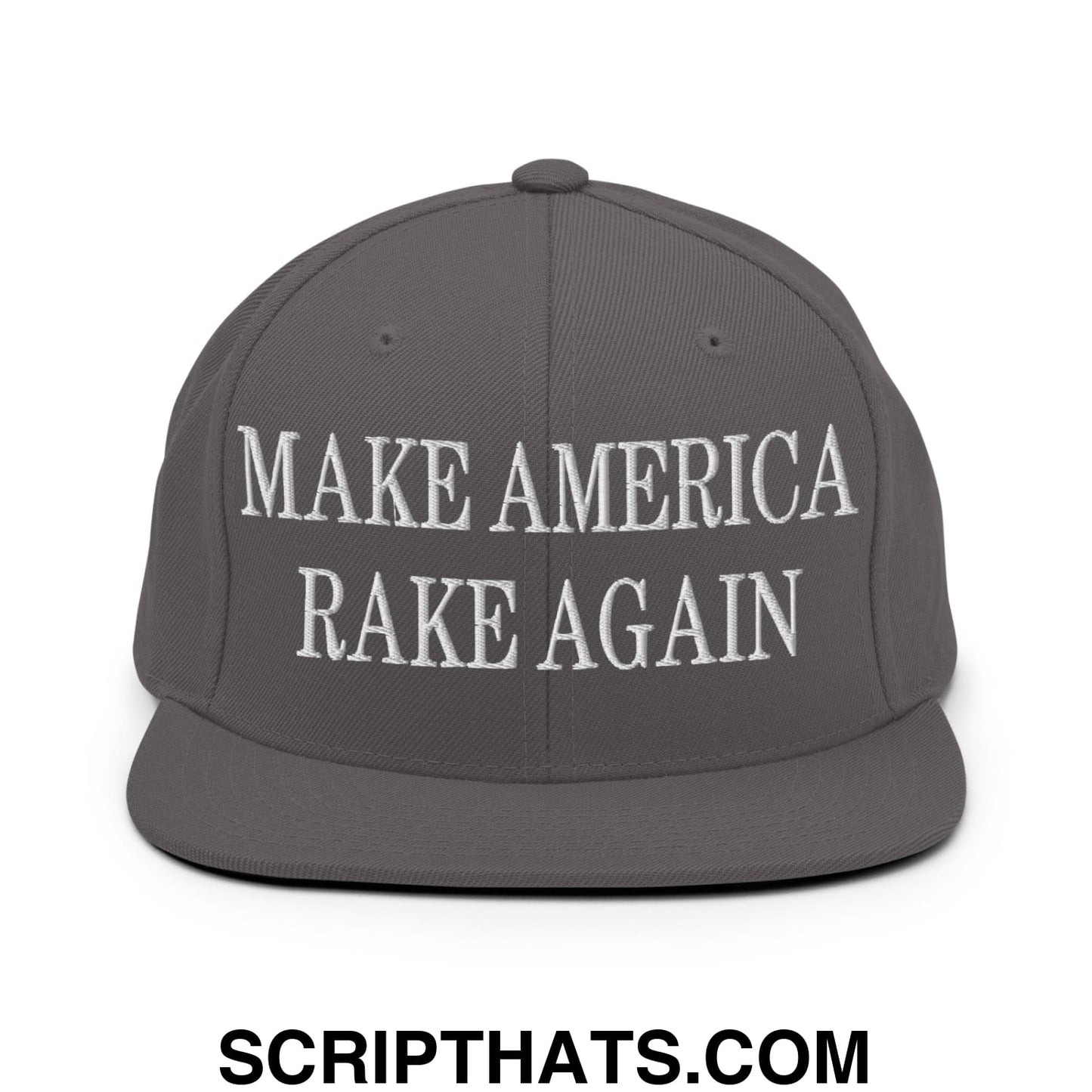 Gray snapback hat with white embroidered text make america rake again and a flat bill brim design